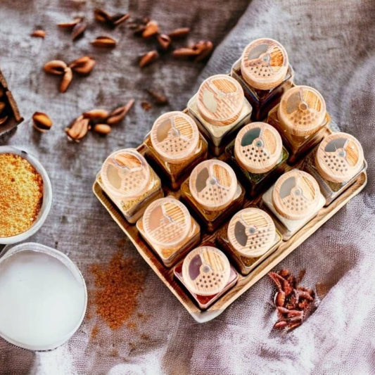 طقم بهارات وتوابل 12 برطمان بحامل خشب