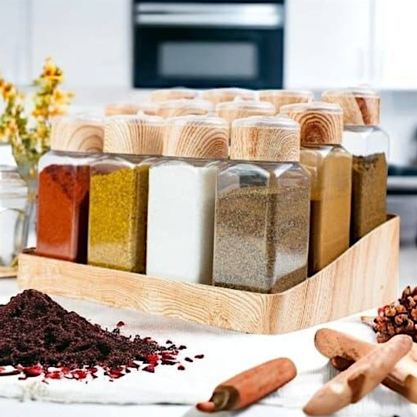 طقم بهارات وتوابل 12 برطمان بحامل خشب