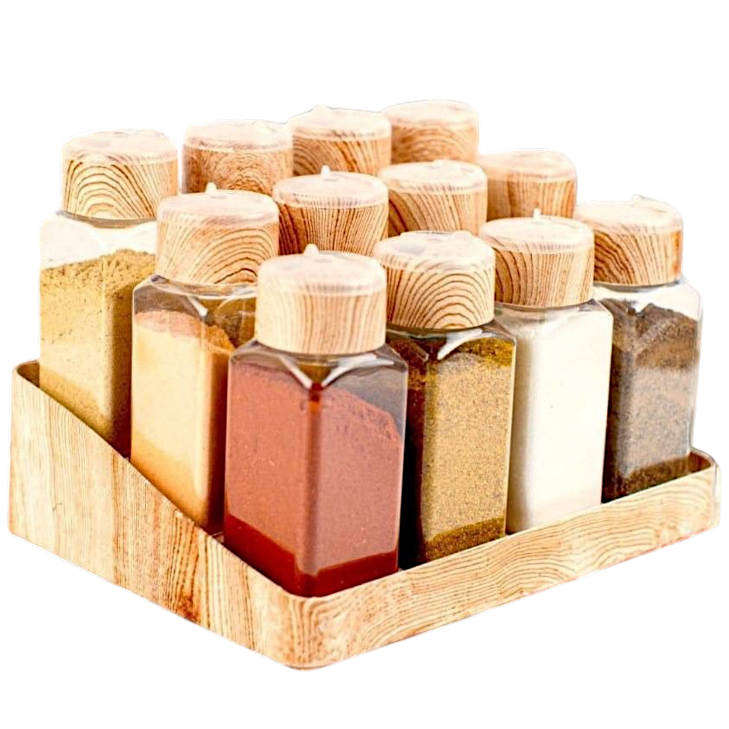 طقم بهارات وتوابل 12 برطمان بحامل خشب
