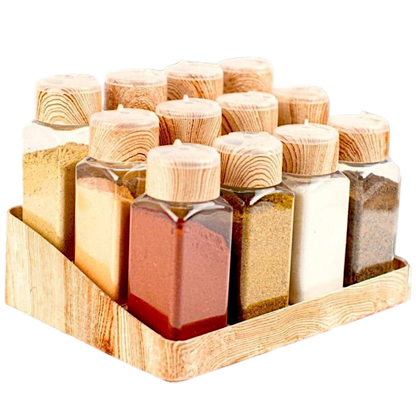 طقم بهارات وتوابل 12 برطمان بحامل خشب