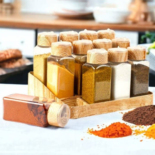 طقم بهارات وتوابل 12 برطمان بحامل خشب
